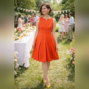 Nine West Orange Fit & Flare Dress Size 6 Pleated Textured Garden Party